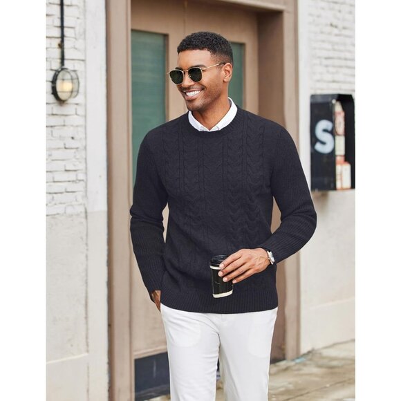 Coofandy Men Navy Blue Crewneck Pullover Twist Textured Fisherman Sweater - Picture 3 of 5